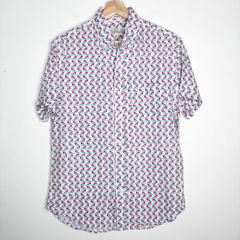 J. Crew Linen Short Sleeve Button Down Shirt Bird Print Size Small NWOT